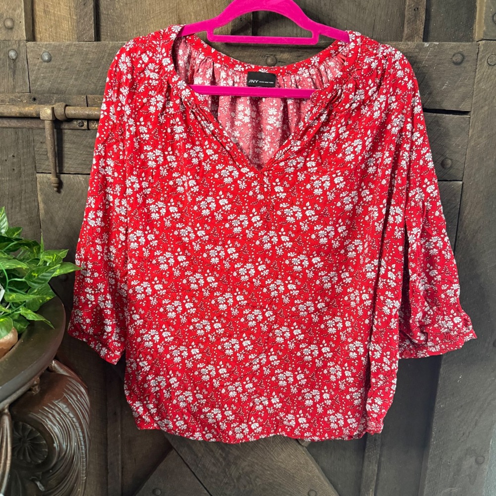 JNY Jones New York Floral Blouse 2X Red Split Neck Top|PTP 22"|